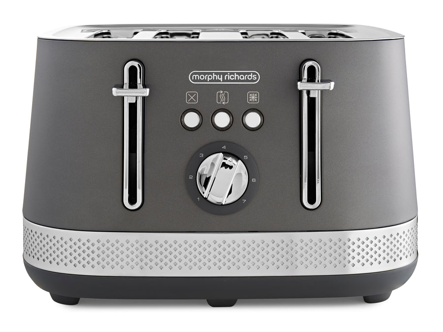 Gray toaster with silver accents on a white background
