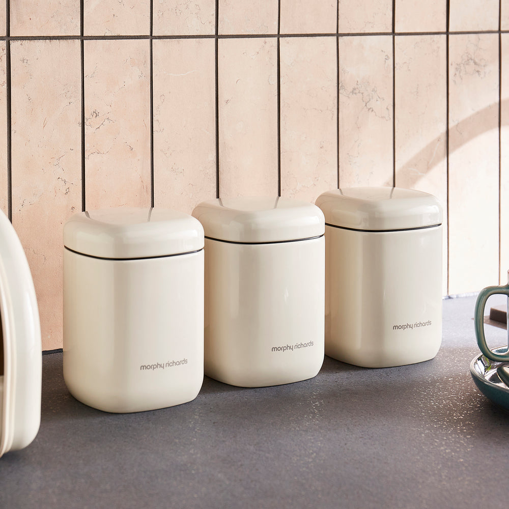 Morphy Richards cannisters on a kitchen counter 