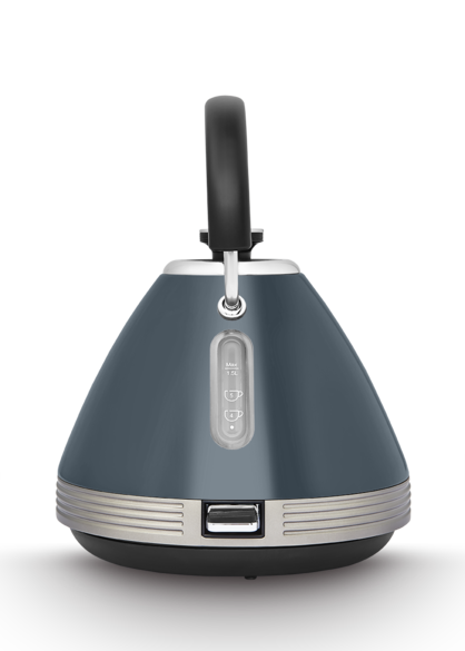 A gray Morphy Richards Venture Retro Pyramid Kettle with a black handle and a silver water window.
