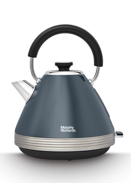 A gray Morphy Richards Venture Retro Pyramid Kettle with a black handle and accents, featuring a traditional kettle shape with a water window on the side.