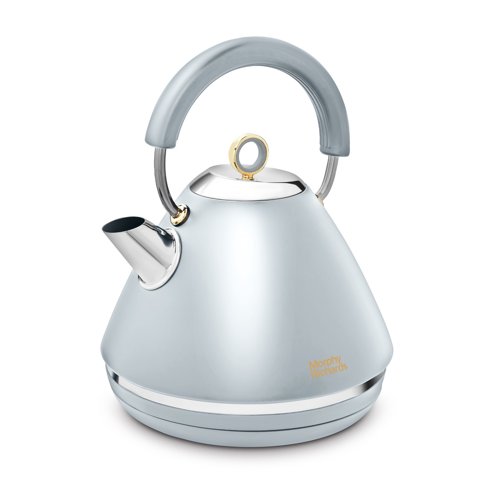 Blue Kettle with Gold accents on white background 