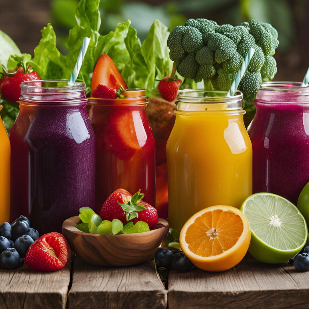 Assorted colorful smoothies in jars with fresh fruits and vegetables on a wooden surface