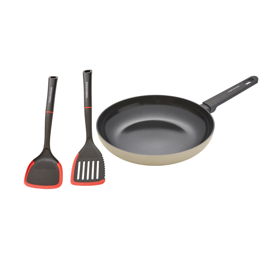Set of frying pan and two spatulas on a white background