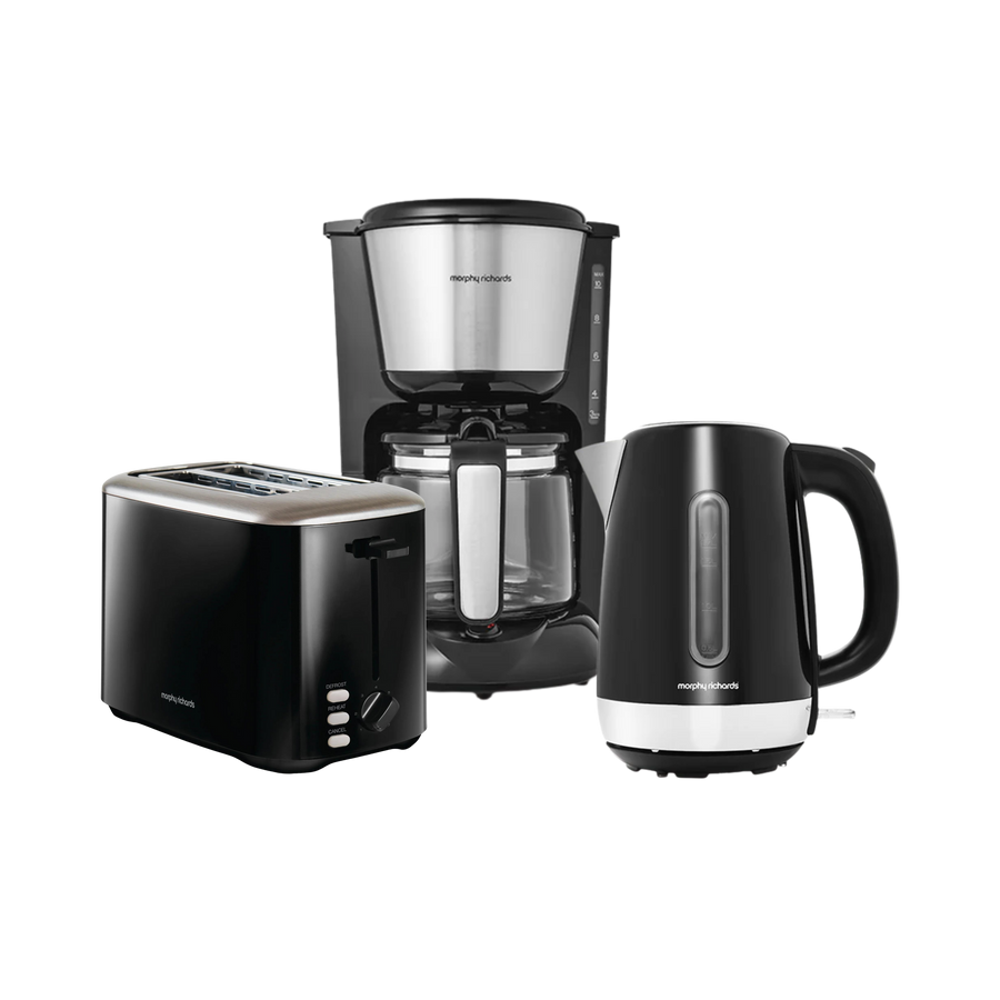 Set of Morphy Richards toaster, coffee maker, and kettle on a white background.