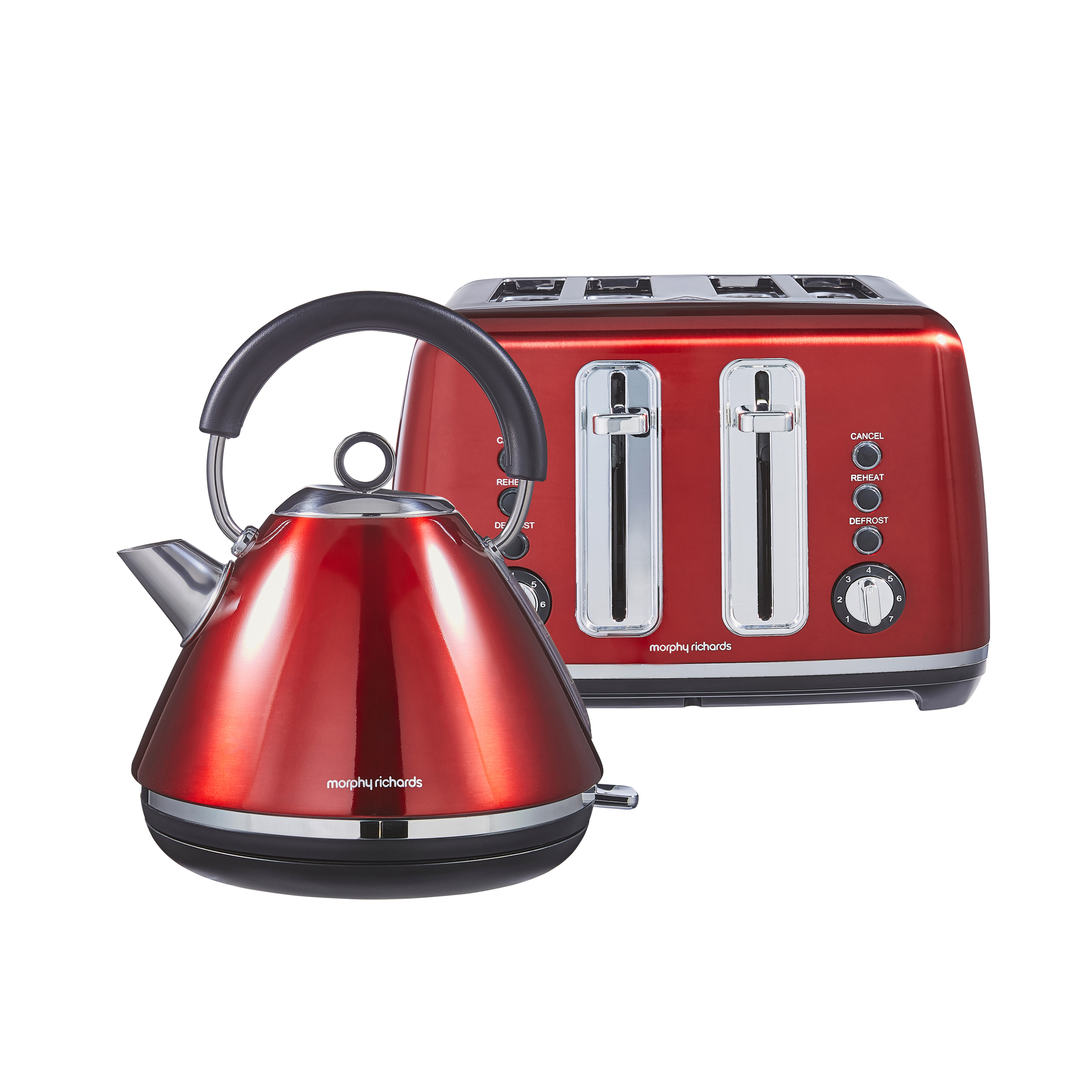red metallic kettle and toaster