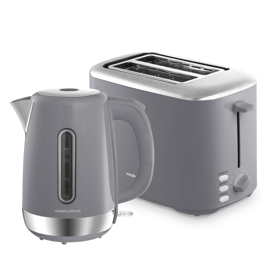 A gray Equip brand electric kettle and a 2-slice toaster set on a white background.