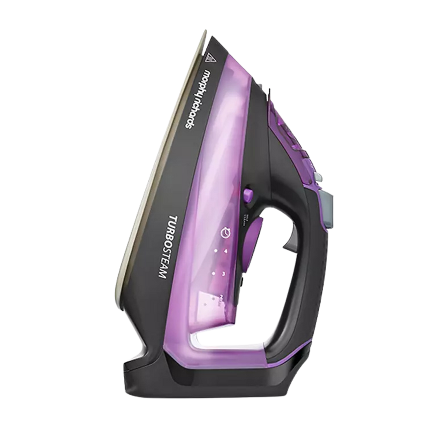 Purple and black steam iron on a white background