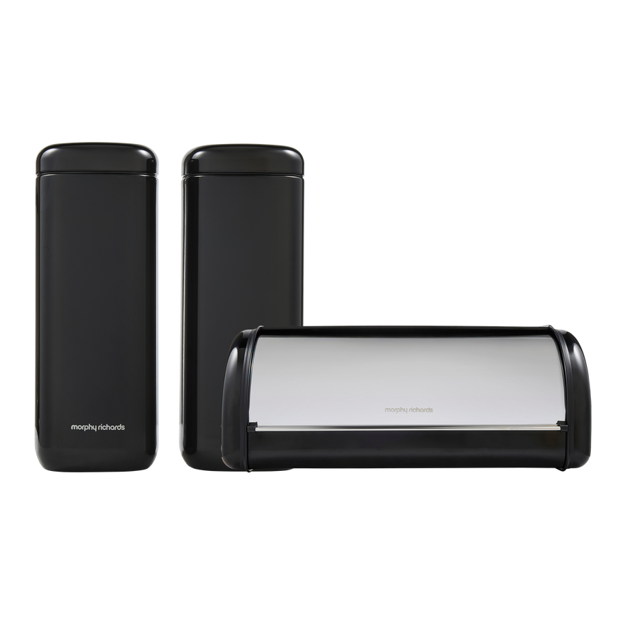 Morphy Richards cannisters and bread bin on a white background