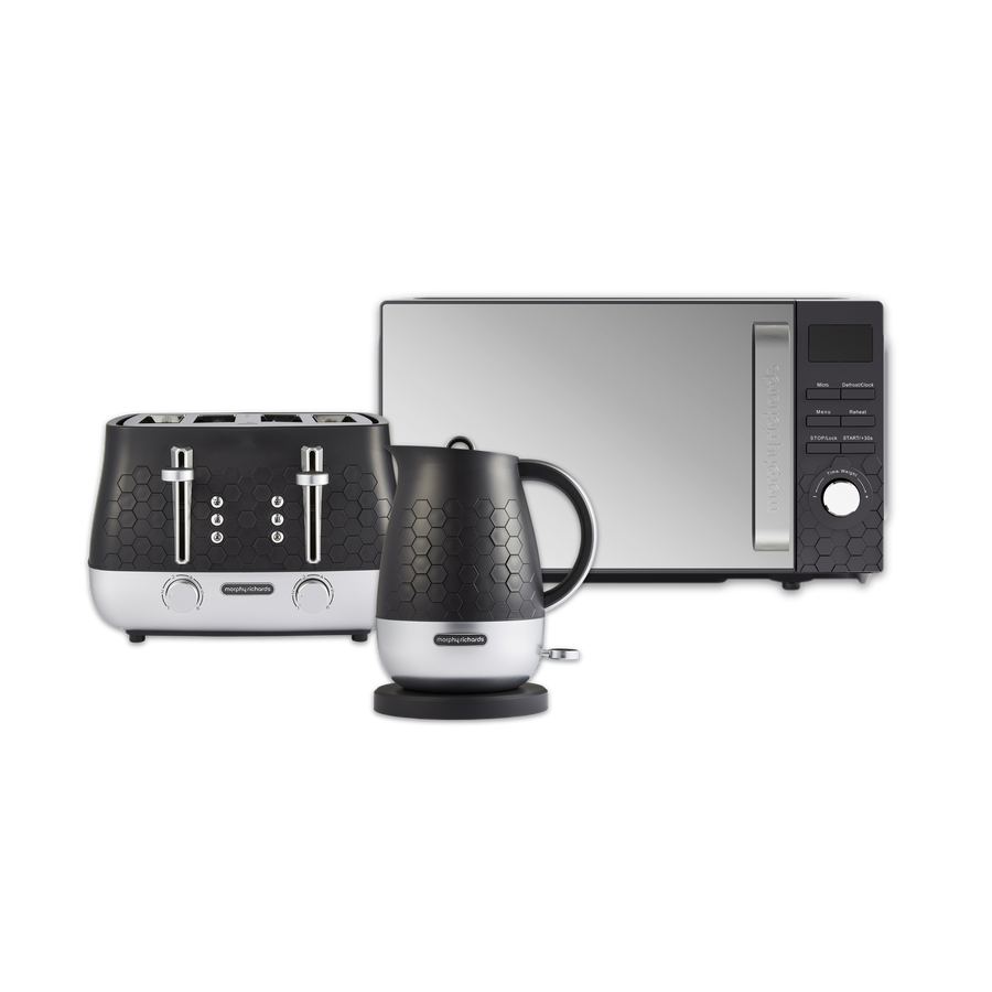 Set of Morphy Richards Cassini toaster, kettle, and microwave on a white background
