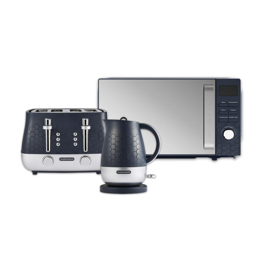 Set of Morphy Richards Cassini toaster, kettle, and microwave on a white background