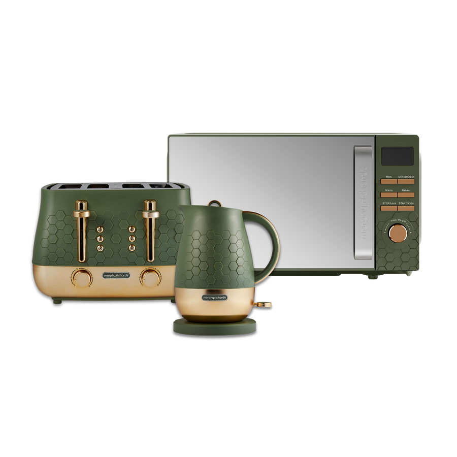 Morphy Richards Cassini green microwave, toaster, and kettle on a white background