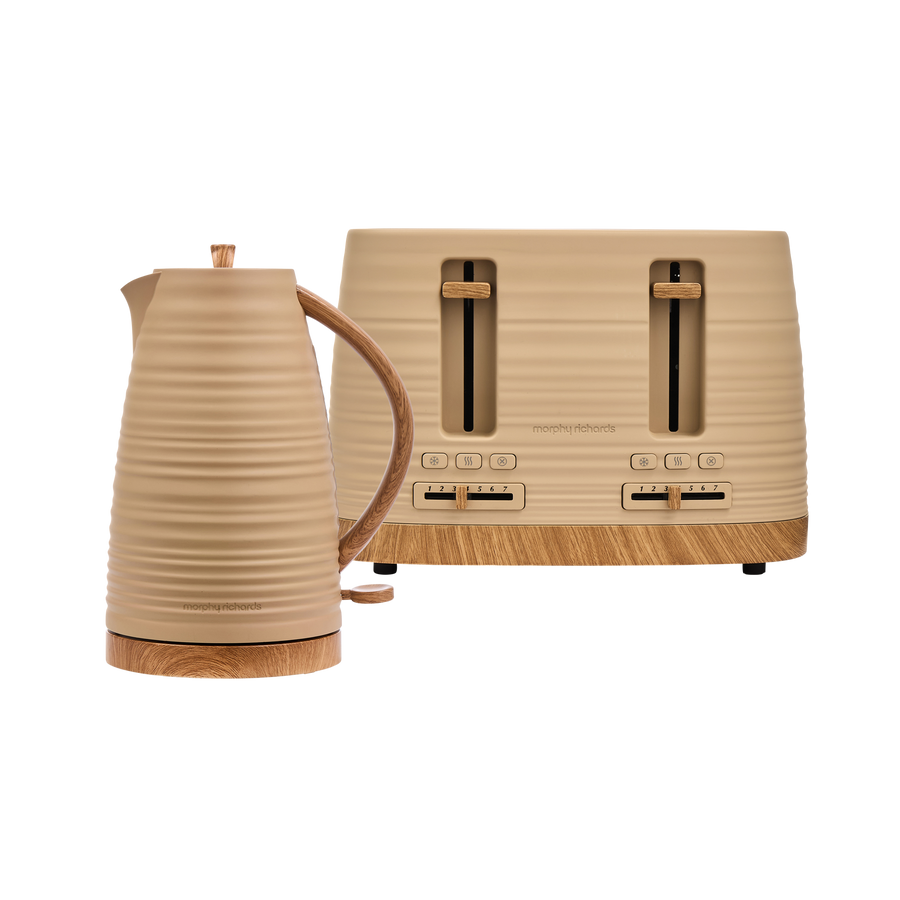Beige kettle and toaster set on a white background
