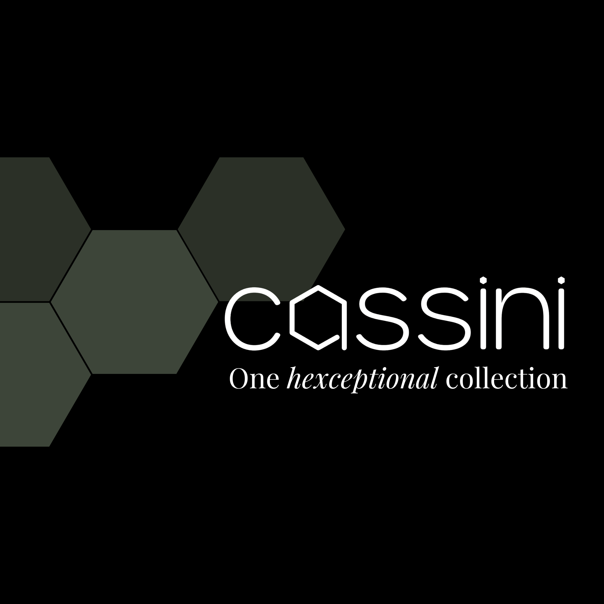 Cassini logo with hexagonal design elements on a black background