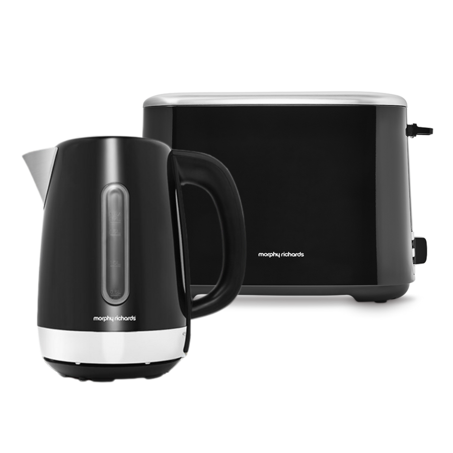 A black Equip brand electric kettle and toaster set on a white background.