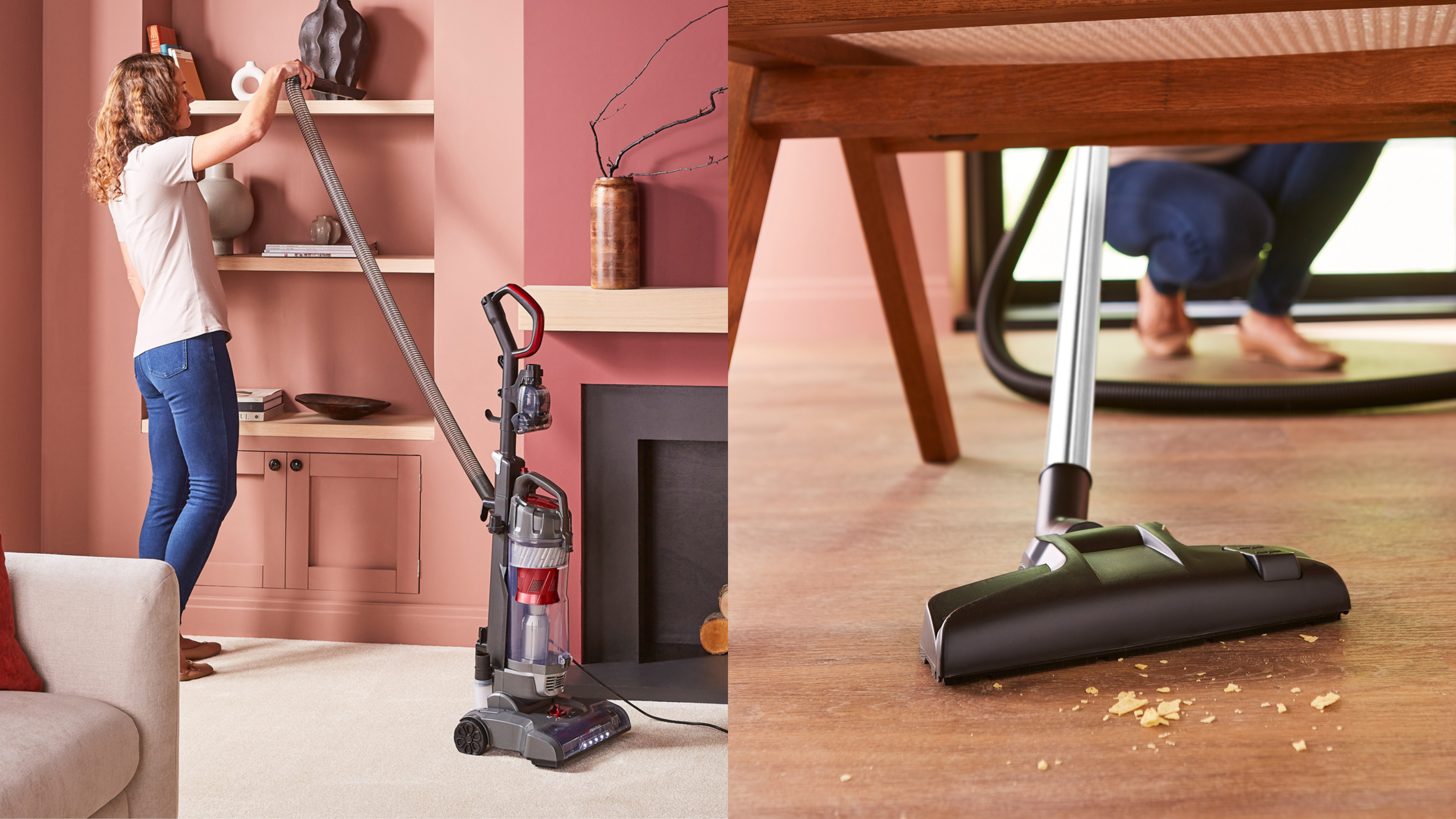 Person using a vacuum cleaner in a living room and close-up of the vacuum cleaner on a wooden floor.