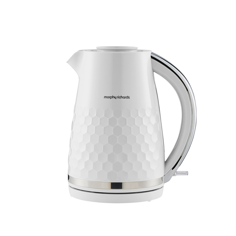 White electric kettle with honeycomb pattern on a white background