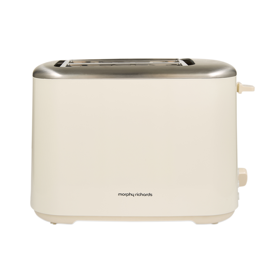 Cream-colored toaster with metallic top on a white background