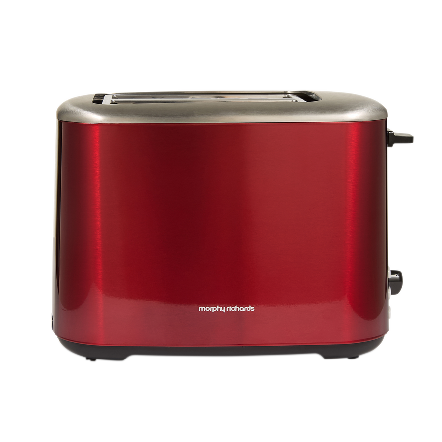 Red toaster with silver accents on a white background