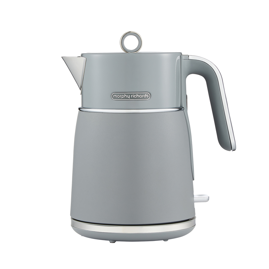 Grey electric kettle with a visible Morphy Richards brand logo on a white background