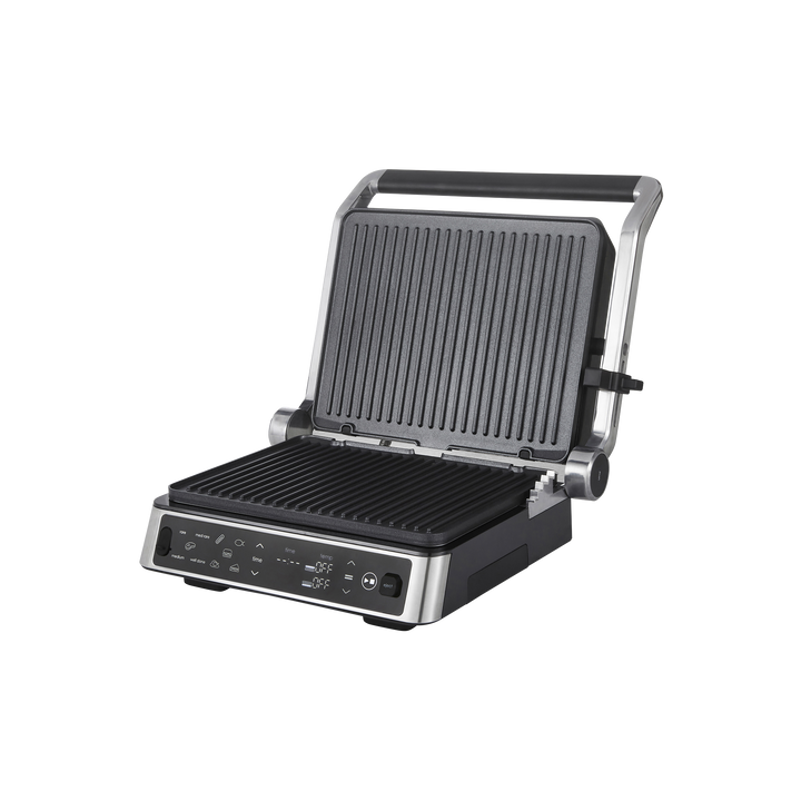 Black and silver sandwich press with grill on a white background