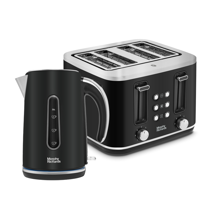 A black Morphy Richards Motive Jug Kettle and a 4-slice Morphy Richards Motive Toaster, both with chrome-plated trim.