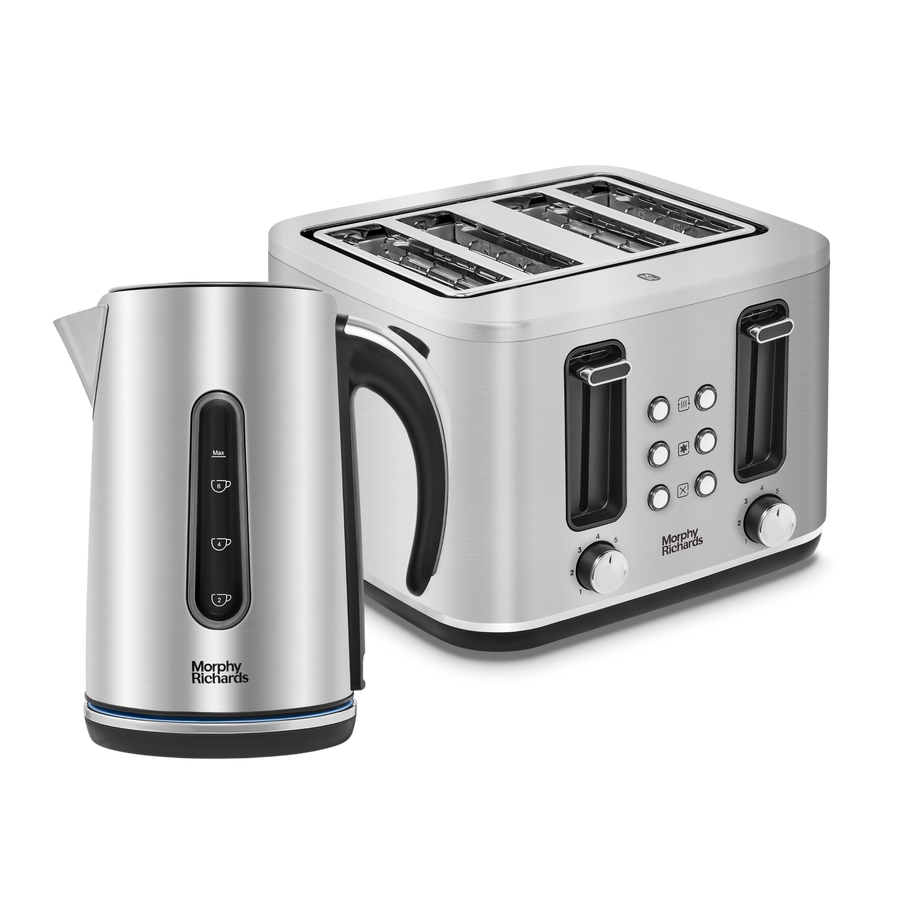 A brushed steel kettle and toaster set from the Morphy Richards Motive collection, featuring a sleek and modern design.