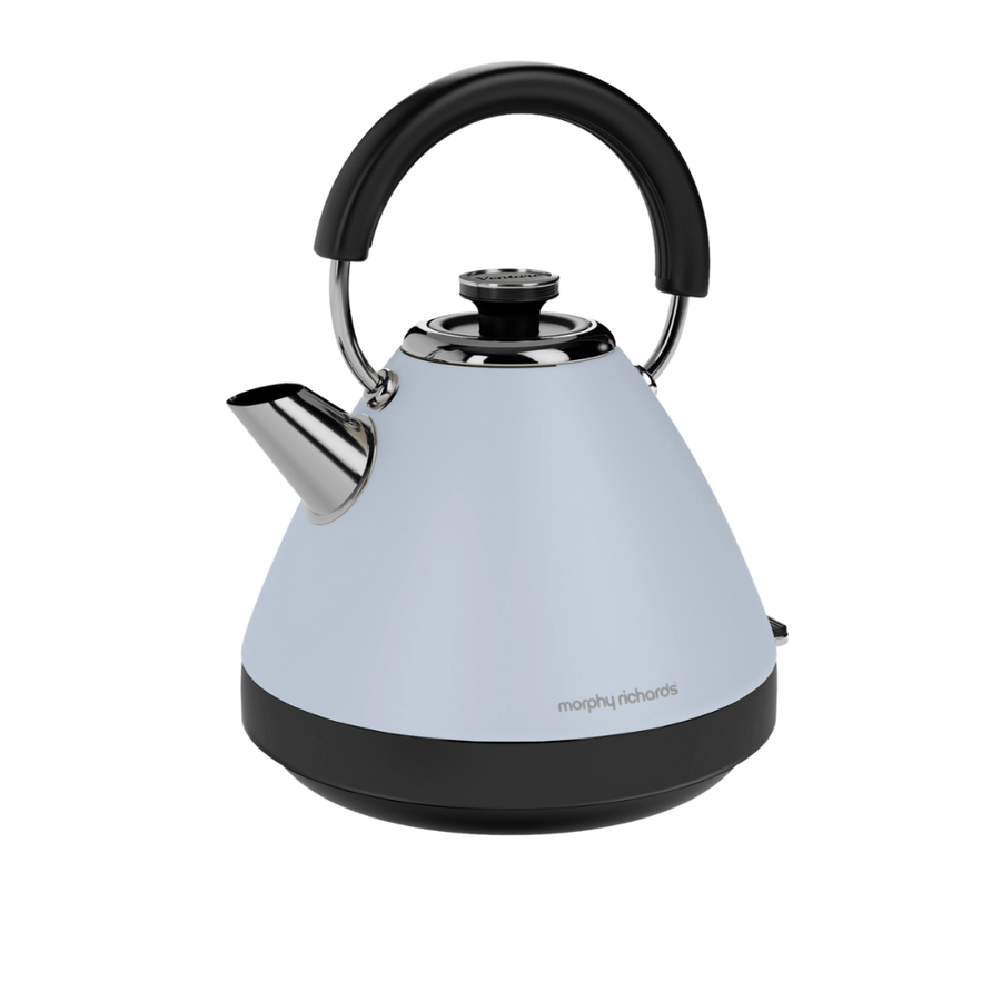 A duck egg blue pyramid-shaped electric kettle with a black handle and base, featuring a stainless steel spout and a removable limescale filter.