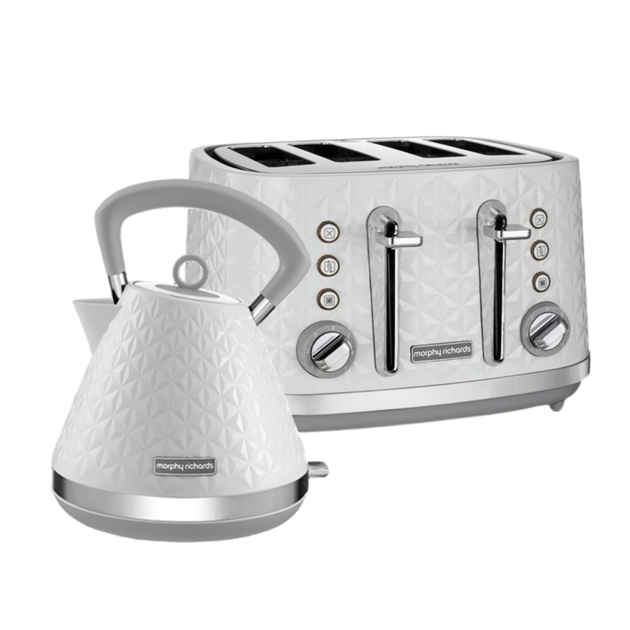 A whiteVector brand electric kettle and toaster set on a white background, showcasing a modern geometric pattern design.