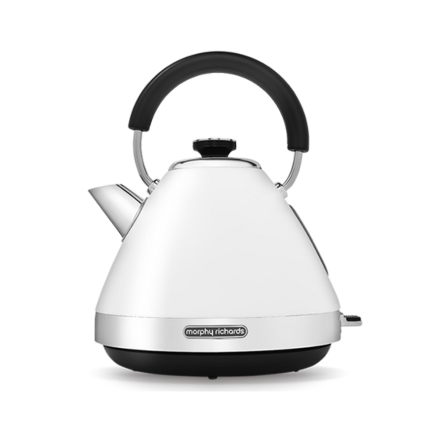 A white pyramid-shaped electric kettle with a black handle and base, displaying the brand name 'Morphy Richards' on the spout.